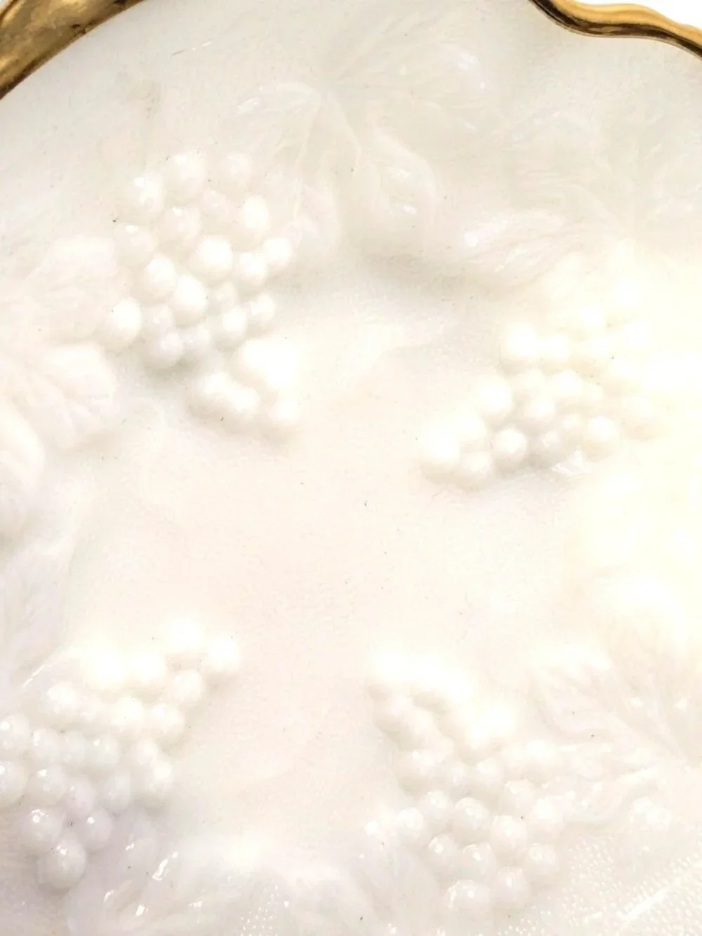 Vtg. Anchor Hocking White Milk Glass Fruit Bowl Embossed Grape Leaf Gold-Trimmed